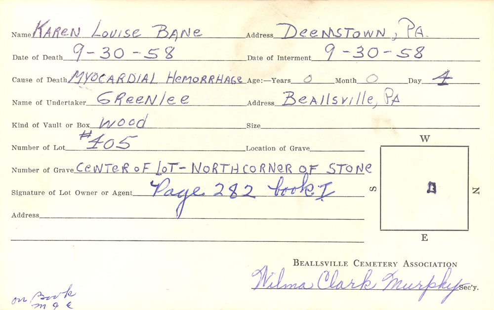 Karen Louise Bane burial card